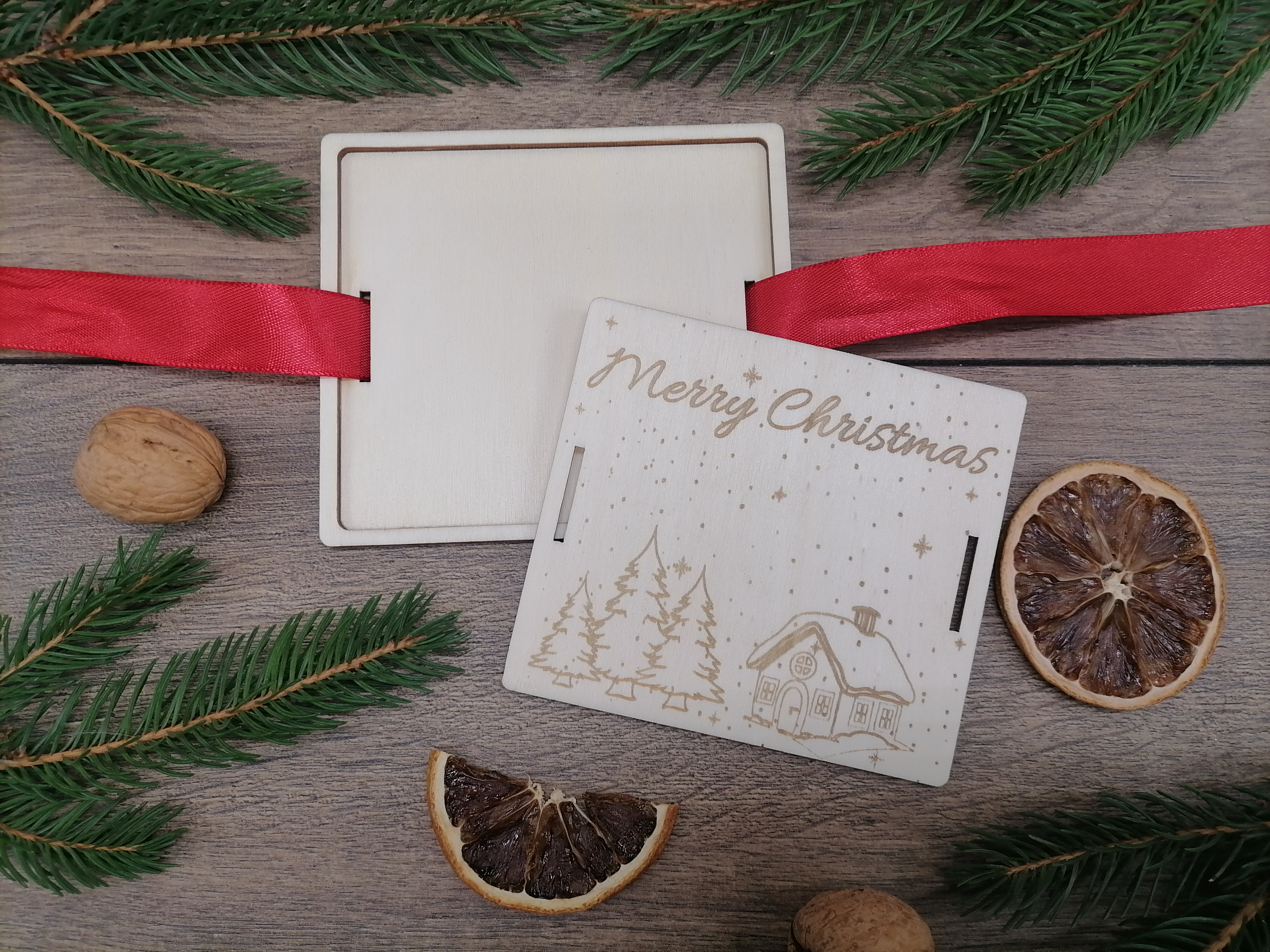 Drevená vianočná obálka merry christmas na zložené peniaze