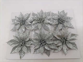 Vianočná ruža strieborná trblietavá 6ks bal. 7cm